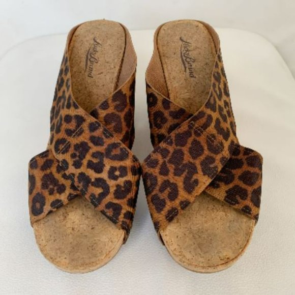 Lucky Brand Miller 2 Cork Wedge Sandals Brown Leopard Mob Wife Wedges - Picture 4 of 9